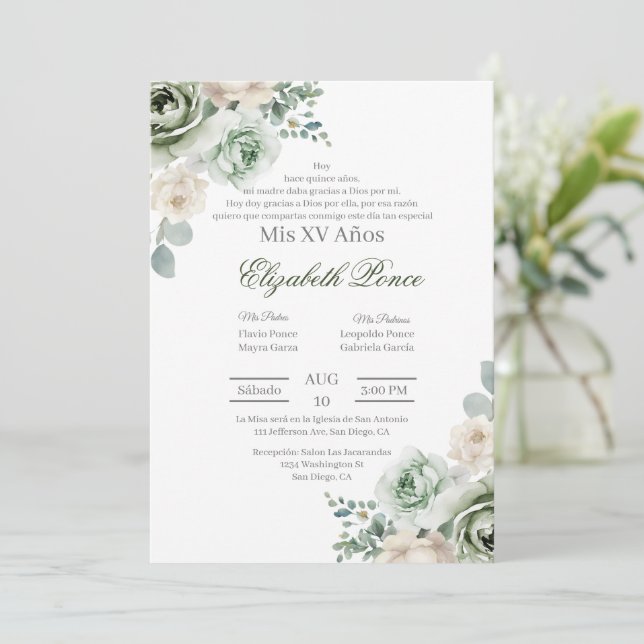 Emerald grönt blommigt Quinceañera Inbjudningar (Stående Fram)