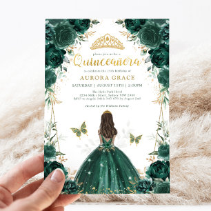Emerald Grönt Blommigt Quinceañera Krona Princess Inbjudningar