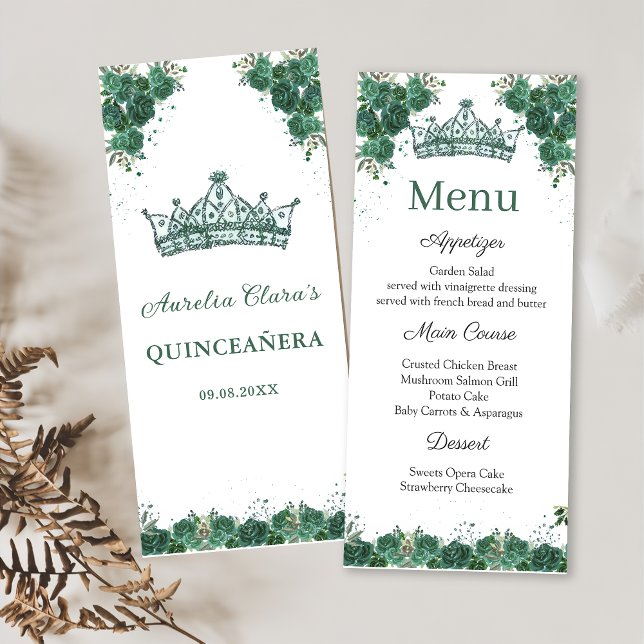 Emerald Grönt Blommigt Quinceañera Menu Meny (Skapare uppladdad)