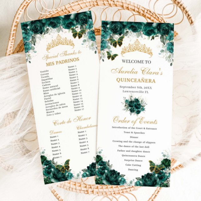 Emerald Grönt Blommigt Quinceañera Order of Events Program (Skapare uppladdad)