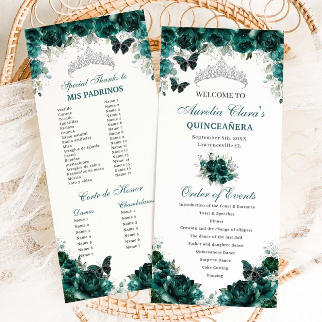 Emerald Grönt Blommigt Quinceañera Order of Events Program (Skapare uppladdad)