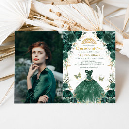 Emerald Grönt Blommigt Quinceañera Princess Photo Inbjudningar