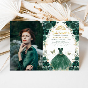 Emerald Grönt Blommigt Quinceañera Princess Photo Inbjudningar