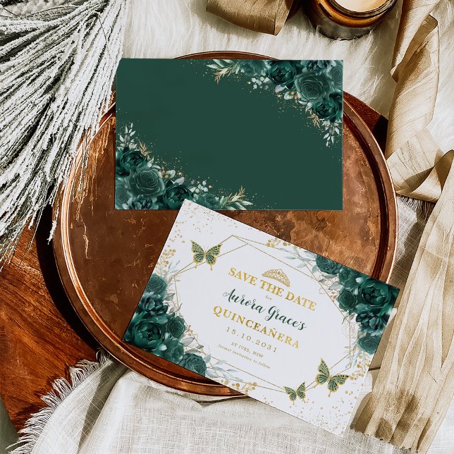 Emerald Grönt Blommigt Quinceanera Spara datum Meddelande (Skapare uppladdad)