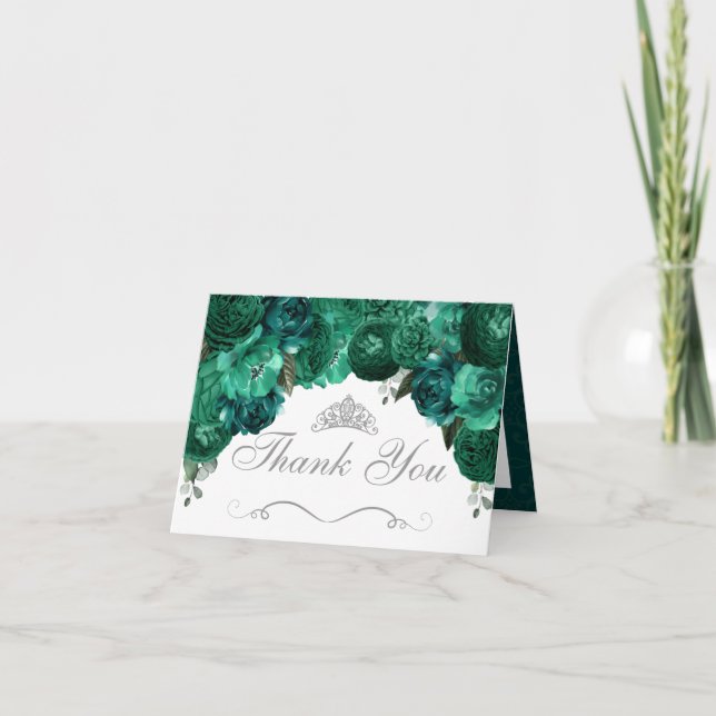 Emerald Grönt Blommigt Quinceanera Tack-inbjudan Inbjudan (Framsida)