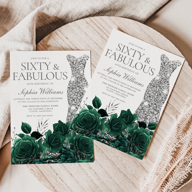 Emerald Grönt Blommigt & Silver Gown 60:e födelsed Inbjudningar (Skapare uppladdad)