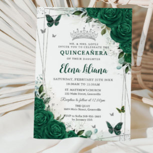 Emerald Grönt Blommigt Silver Quinceañera Sweet 16 Inbjudningar