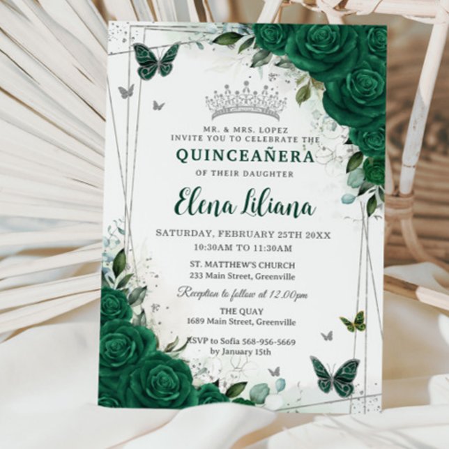 Emerald Grönt Blommigt Silver Quinceañera Sweet 16 Inbjudningar (Skapare uppladdad)