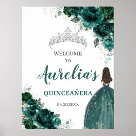 Emerald Grönt Blommigt Silver Quinceañera Välkomme Poster