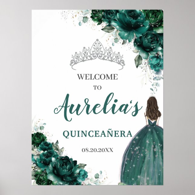 Emerald Grönt Blommigt Silver Quinceañera Välkomme Poster (Framsidan)