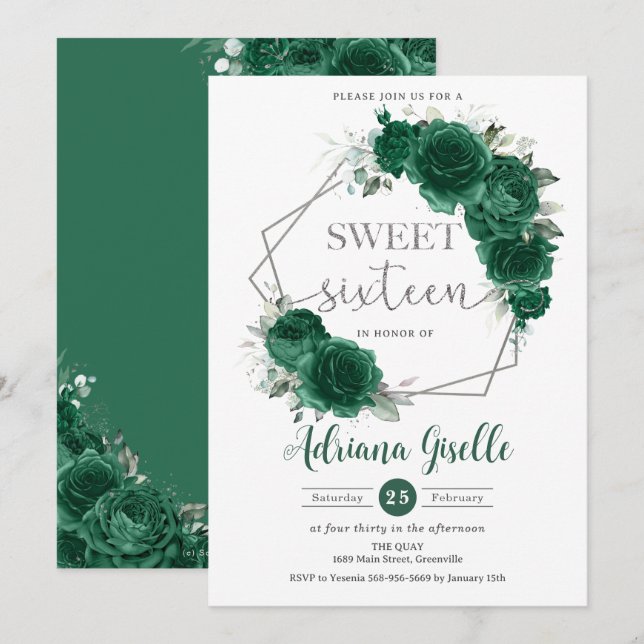 Emerald Grönt Blommigt Silver Sweet sixteen födels Inbjudningar (Fram/baksida)