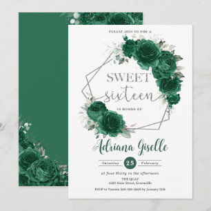 Emerald Grönt Blommigt Silver Sweet sixteen födels Inbjudningar