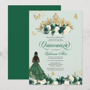 Emerald Grönt Blommigt Tiara + Butterfly Quinceane Inbjudningar