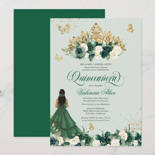 Emerald Grönt Blommigt Tiara + Butterfly Quinceane Inbjudningar (Fram/baksida)
