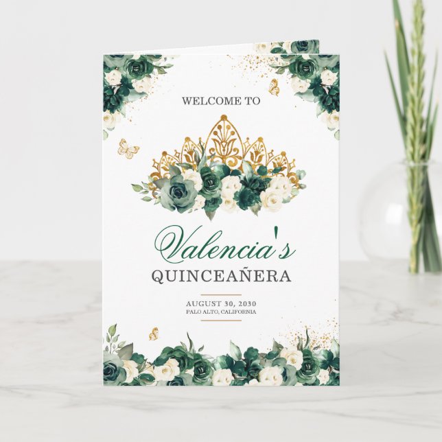 Emerald Grönt Blommigt Tiara Butterfly Quinceanera Program (Framsida)