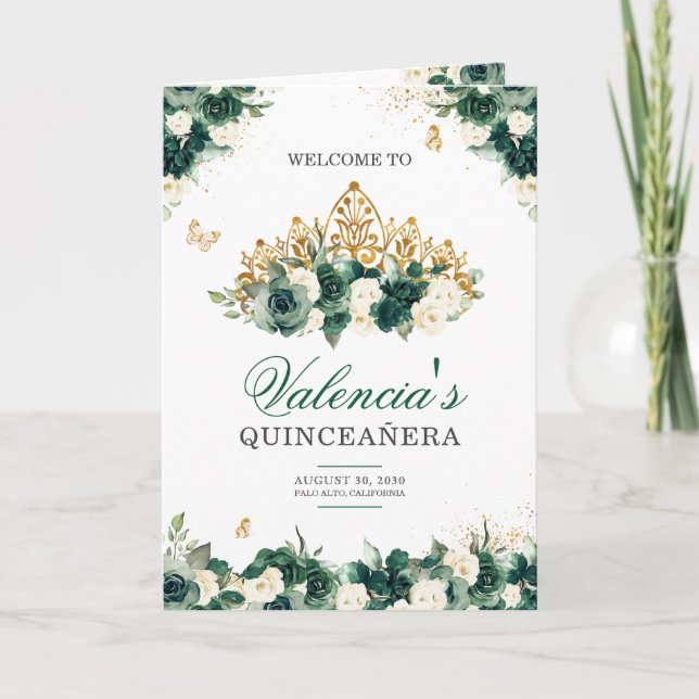 Emerald Grönt Blommigt Tiara Butterfly Quinceanera Program (Framsida)