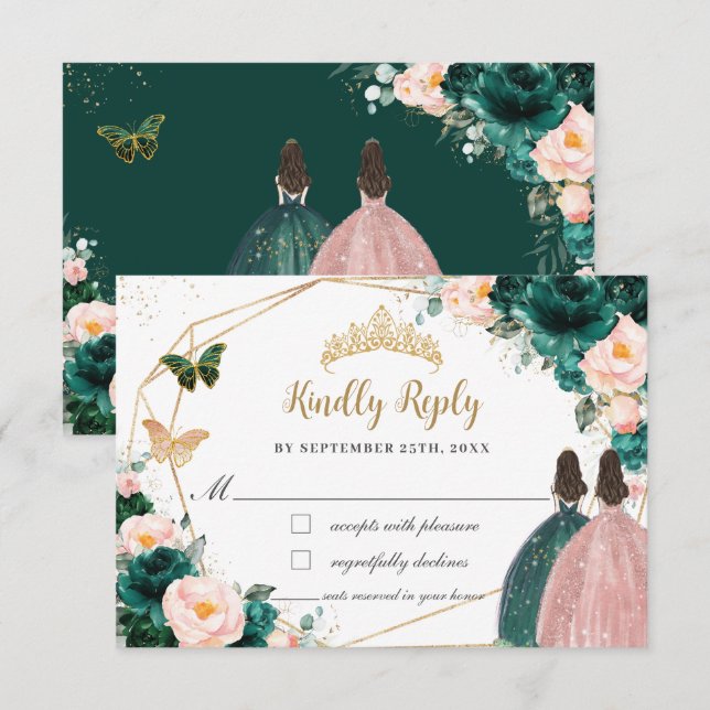 Emerald Grönt  Blommigt Twillingars Quinceañera Re OSA Kort (Fram/baksida)