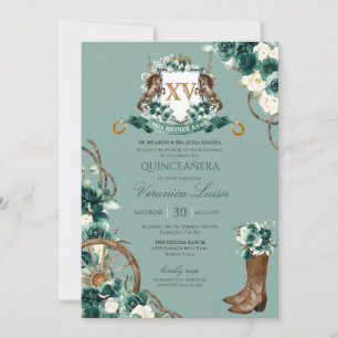 Emerald Grönt Blommigt Vapensköld Charro Quinceane Inbjudningar