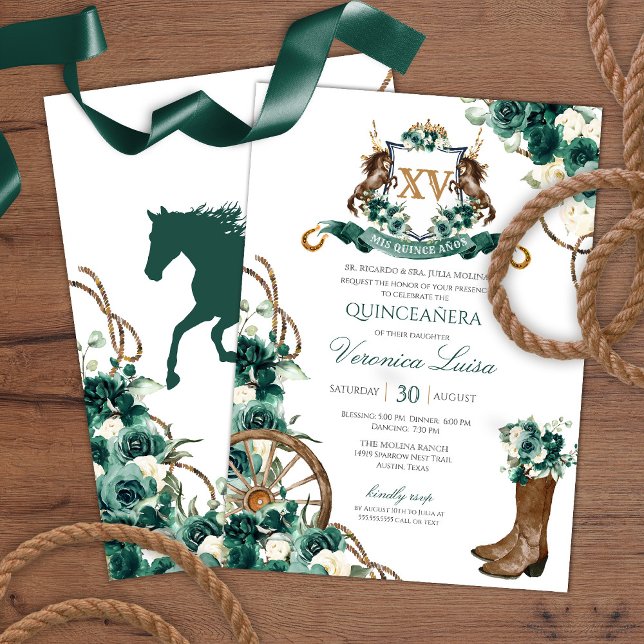 Emerald Grönt Blommigt Vapensköld Charro Quinceane Inbjudningar (Skapare uppladdad)