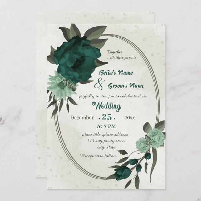 emerald grönt blommor botaniskt geometriskt bröllo inbjudningar (Fram/baksida)