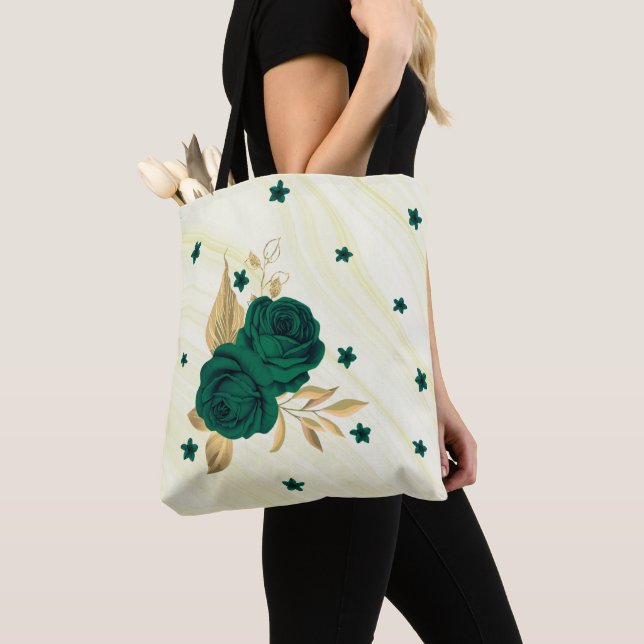 emerald grönt Blommor guld löv marble tobag Tygkasse (Närbild)