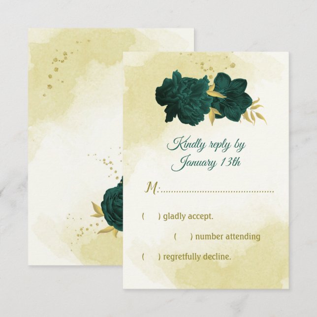 Emerald grönt-blommor guld löv OSA kort (Fram/baksida)