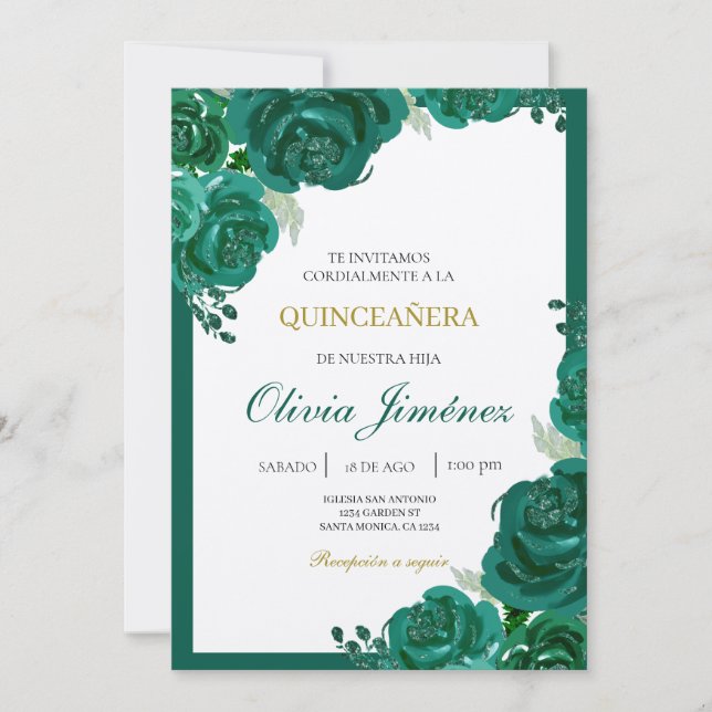 Emerald grönt blomquinceañera inbjudningar (Framsida)