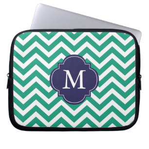 Emerald Grönt & Blue Zigzags Mönster Monogram Laptop Sleeve