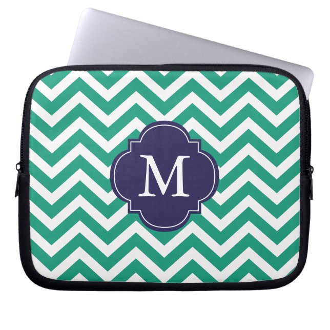 Emerald Grönt & Blue Zigzags Mönster Monogram Laptop Sleeve (Framsidan)