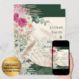 Emerald Grönt BOHO Blommigt Rosa Bröllop Inbjudningar