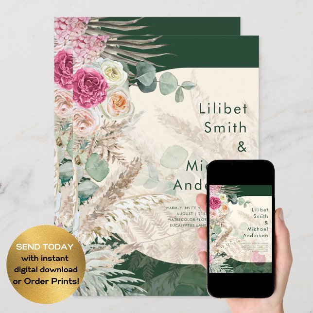 Emerald Grönt BOHO Blommigt Rosa Bröllop Inbjudningar (Skapare uppladdad)