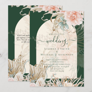 Emerald Grönt BOHO Peach Pampas Grass Bröllop Inbjudningar