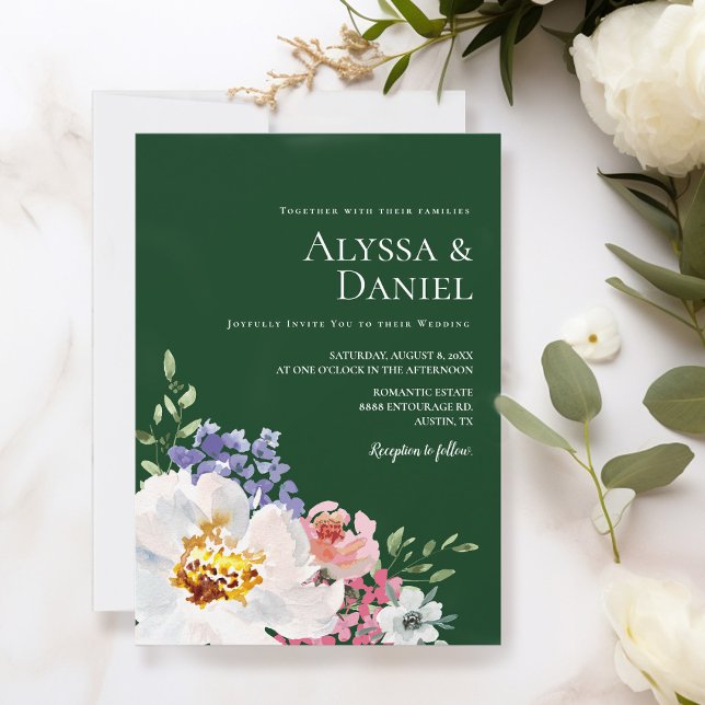 Emerald Grönt Bold Blommigt Watercolor Bröllop Inbjudningar (trendy emerald green, vibrant, bold floral blooms wedding invitation template.)