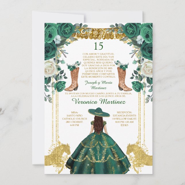 Emerald Grönt Boots Spain Guld 15 Años Birthday Inbjudningar (Framsida)