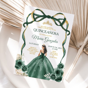 Emerald Grönt Bow Princess Guld Krona Quinceañera Inbjudningar