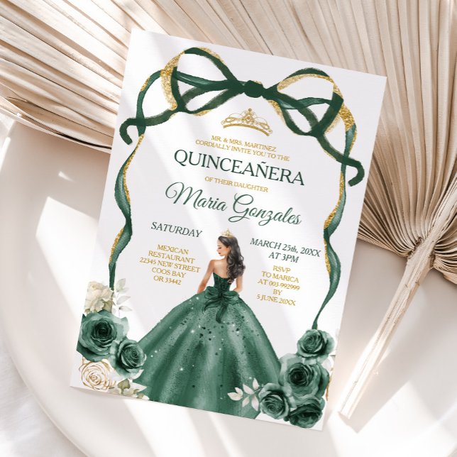 Emerald Grönt Bow Princess Guld Krona Quinceañera Inbjudningar (Skapare uppladdad)