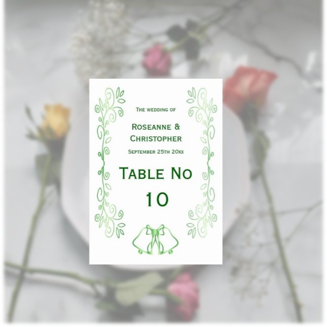 Emerald Grönt Bröllop Bord Tält Undertecknad Klock Bordsnummer (Emerald wedding table number card bells and scrollwork design)