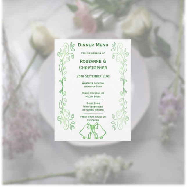 Emerald Grönt Bröllop Menu Card Klockor Scrollwork Meny (Emerald wedding menu bells and scrollwork design)