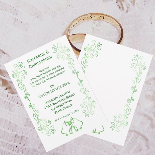 Emerald Grönt Bröllopsinbjudan Klockor Scrollwork Inbjudningar (Emerald green wedding invitation bells and scrollwork design)