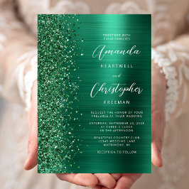 Emerald Grönt Brushed Metall Glitter Script Bröllo Inbjudningar