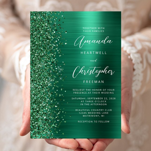 Emerald Grönt Brushed Metall Glitter Script Bröllo Inbjudningar (Skapare uppladdad)