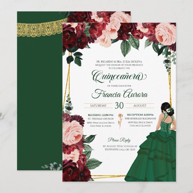 Emerald Grönt & Burgundy Rosa Blommigt Quinceanera Inbjudningar (Fram/baksida)