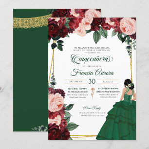 Emerald Grönt & Burgundy Rosa Blommigt Quinceanera Inbjudningar