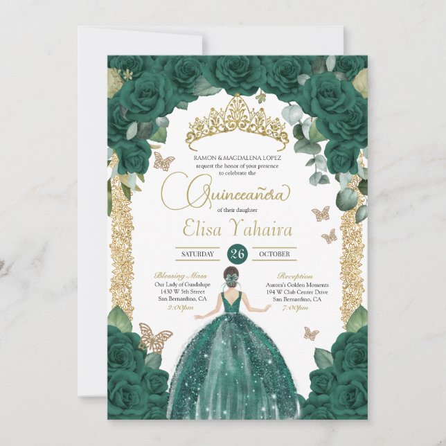 Emerald Grönt Butterfly Princess Quinceanera Inbjudningar (Framsida)