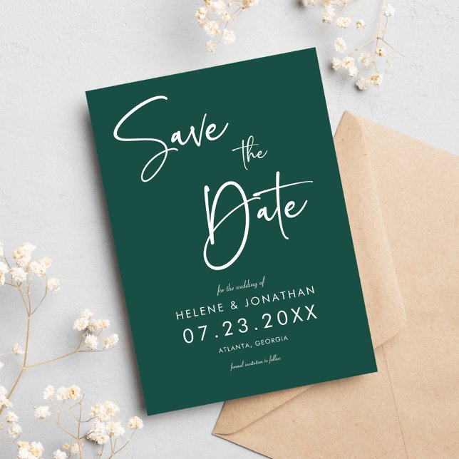 Emerald Grönt Calligraphy Minimal Bröllop Spara Datumet (Emerald Green Calligraphy Minimal Wedding Save The Date)
