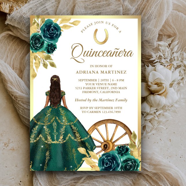 Emerald Grönt Charro Blommigt Dress Guld Quinceane Inbjudningar (Skapare uppladdad)