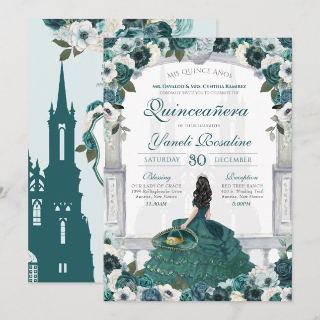 Emerald Grönt Charro Elegant Princess Quinceanera Inbjudningar (Fram/baksida)