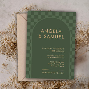 Emerald Grönt Checkered Modern Wedding-inbjudan Inbjudningar