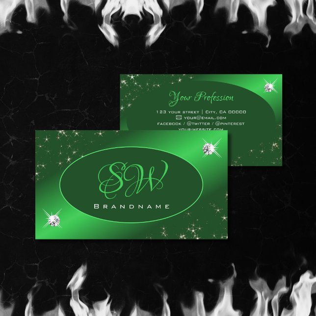 Emerald Grönt Cute Glitter Stars Diamonds Monogram Visitkort (Skapare uppladdad)
