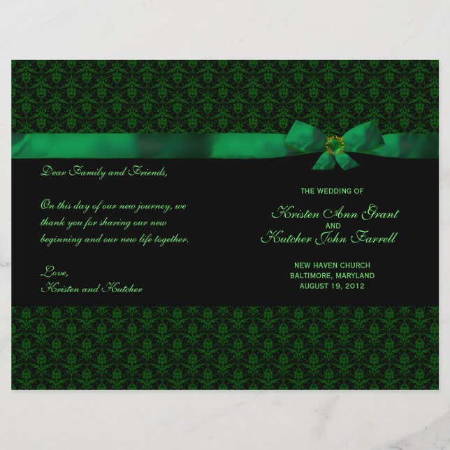 Emerald Grönt Damask Wedding Program (Framsida)